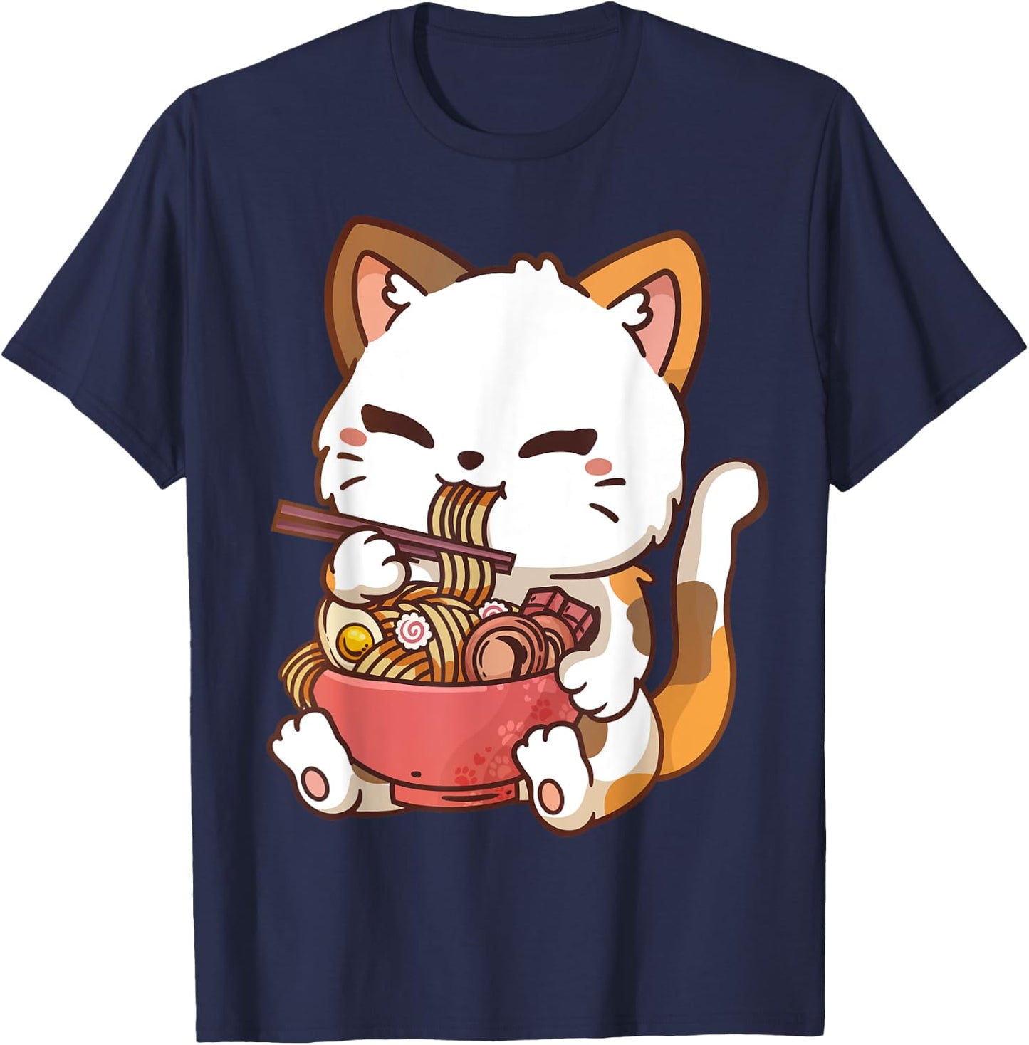 Ramen Cat Anime Kawaii Cat Eating Ramen T-Shirt - T-Shirt | Navy