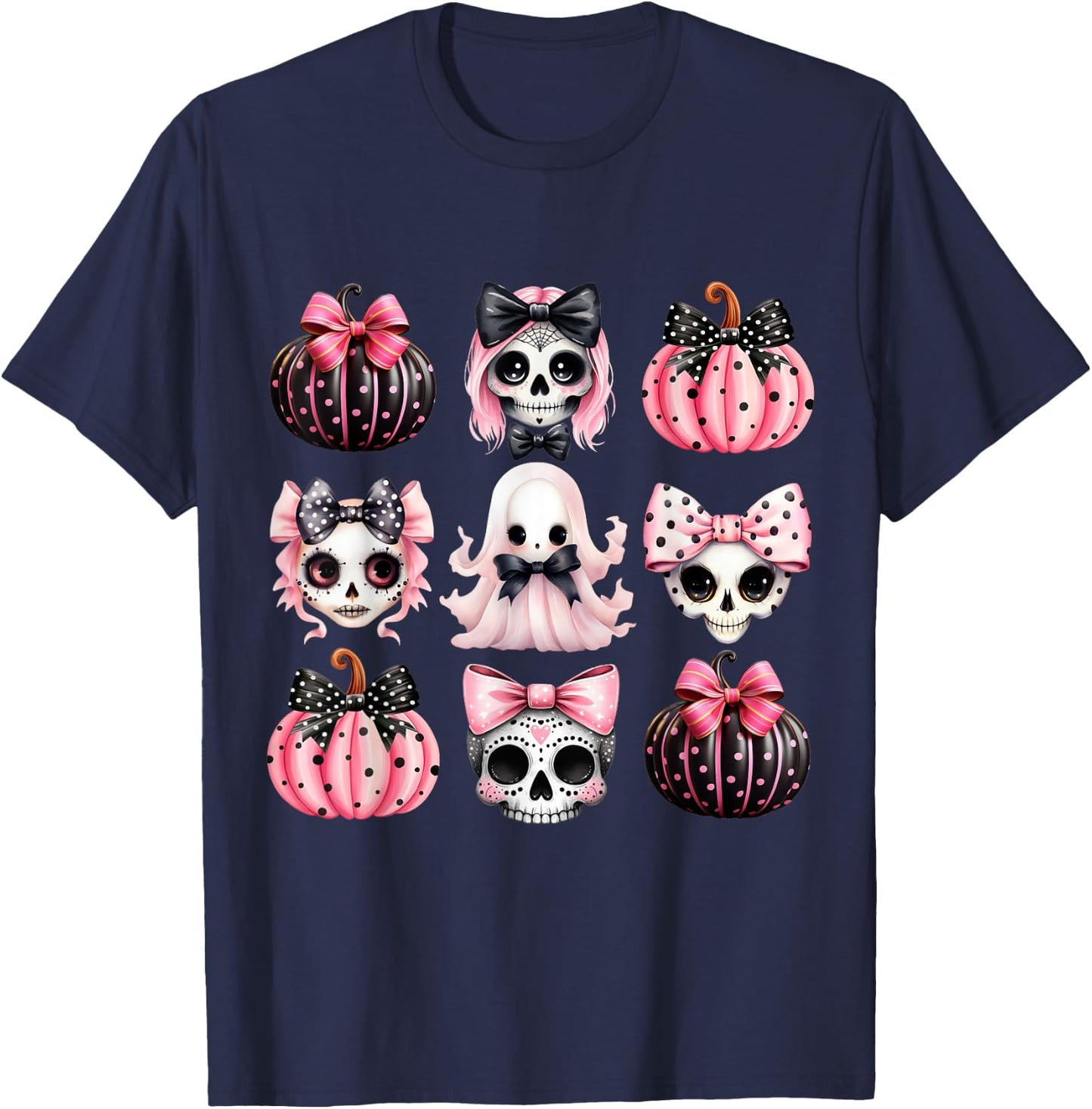 Cute Coquette Halloween Bows Black Pink Halloween Girl Women T-Shirt - T-Shirt | Navy