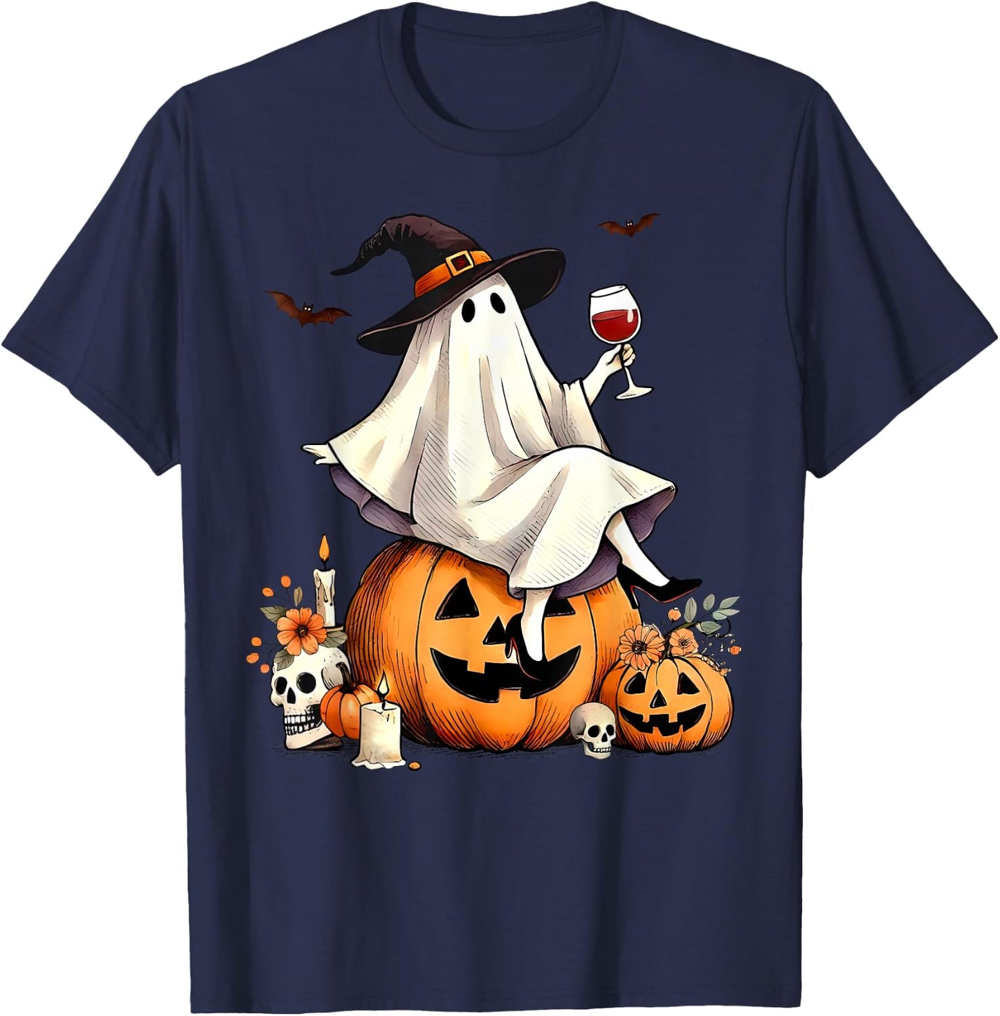 Witch Ghost Wine Drinking Pumpkin Halloween Spooky Season T-Shirt - T-Shirt | Navy