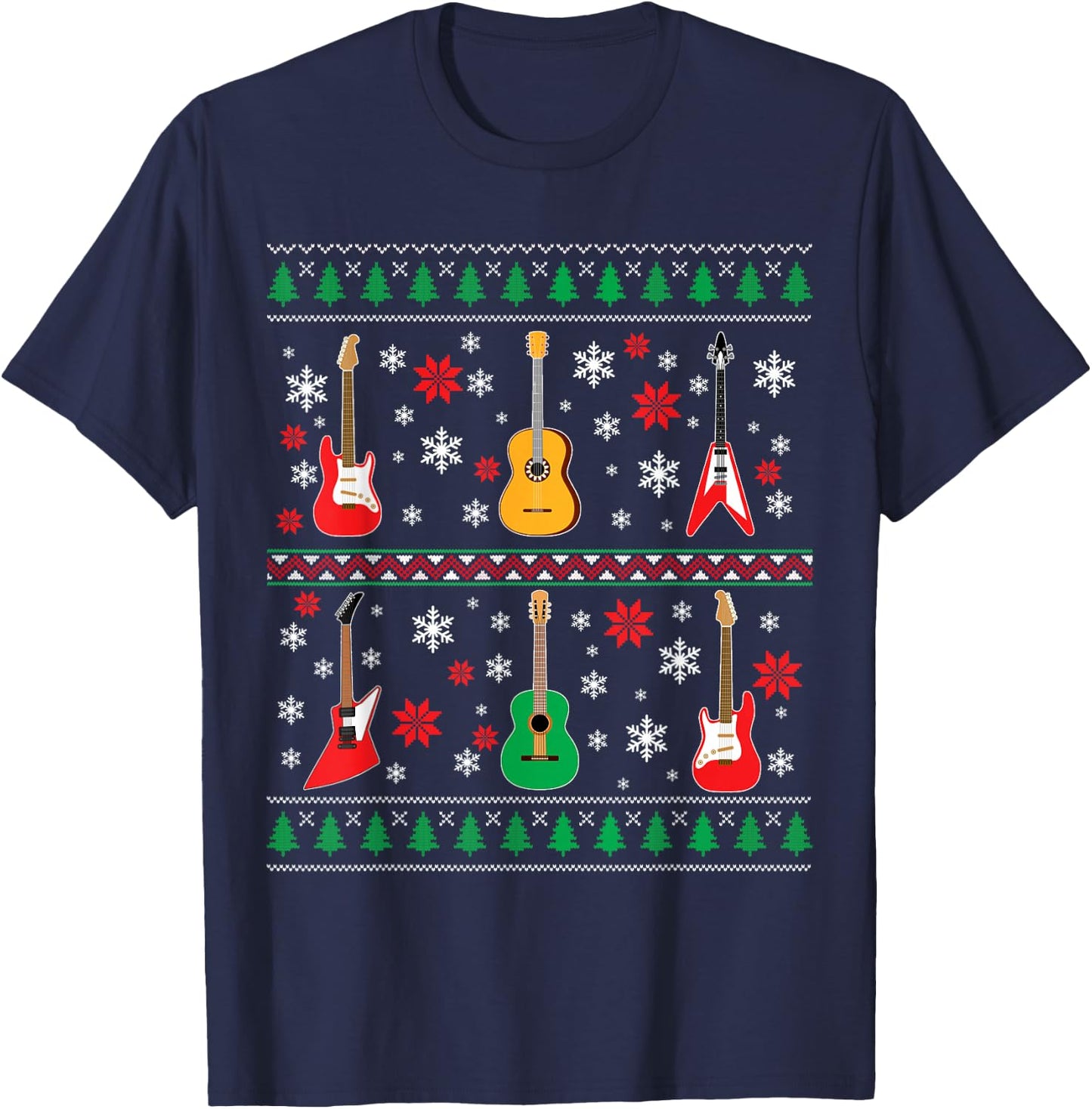 Guitar Ugly Christmas Sweater Guitar Lovers Guitarists Gifts T-Shirt - T-Shirt | Navy