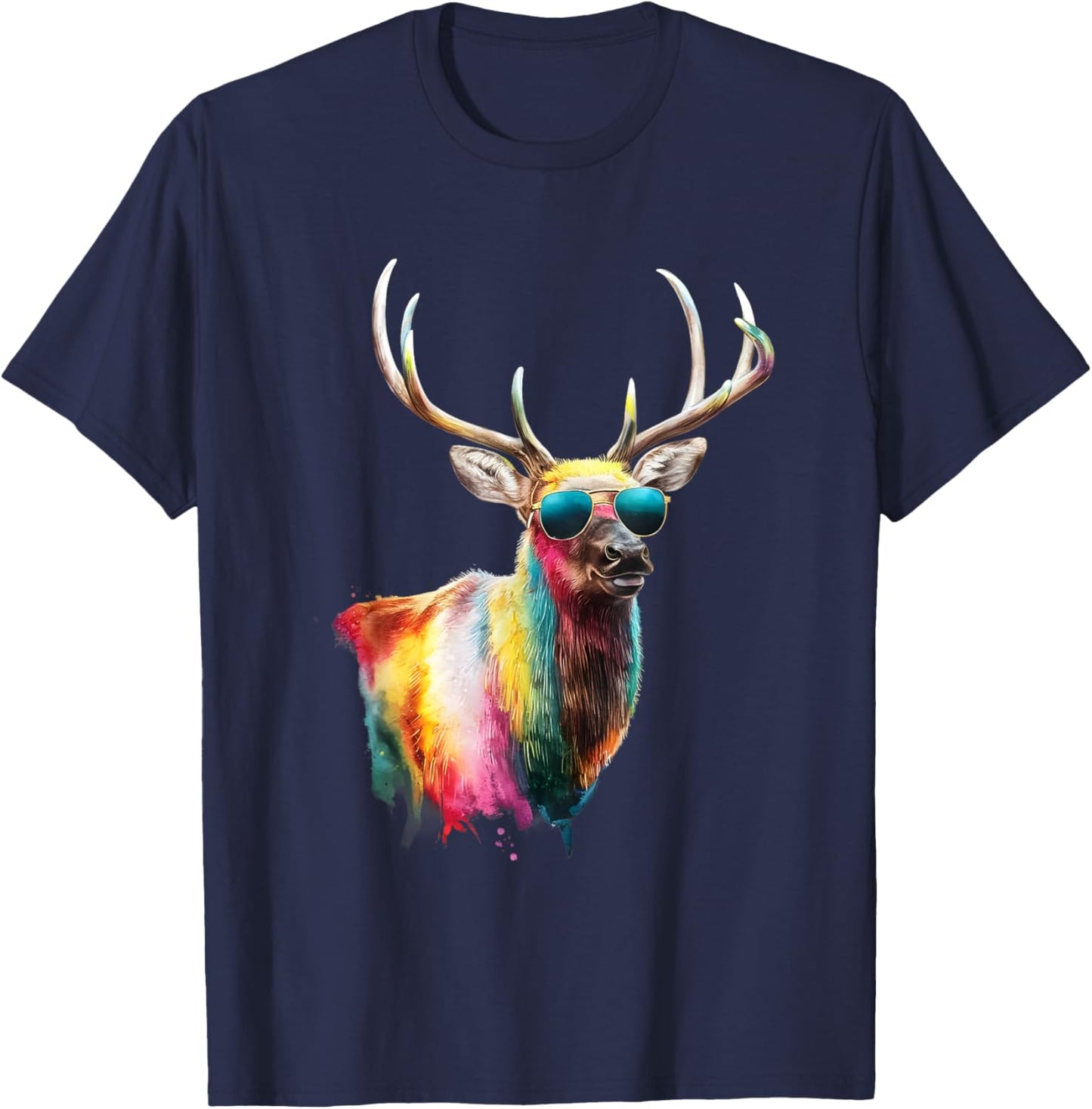 Elk Men Woman Colorful Watercolor Elk T-Shirt - T-Shirt | Navy