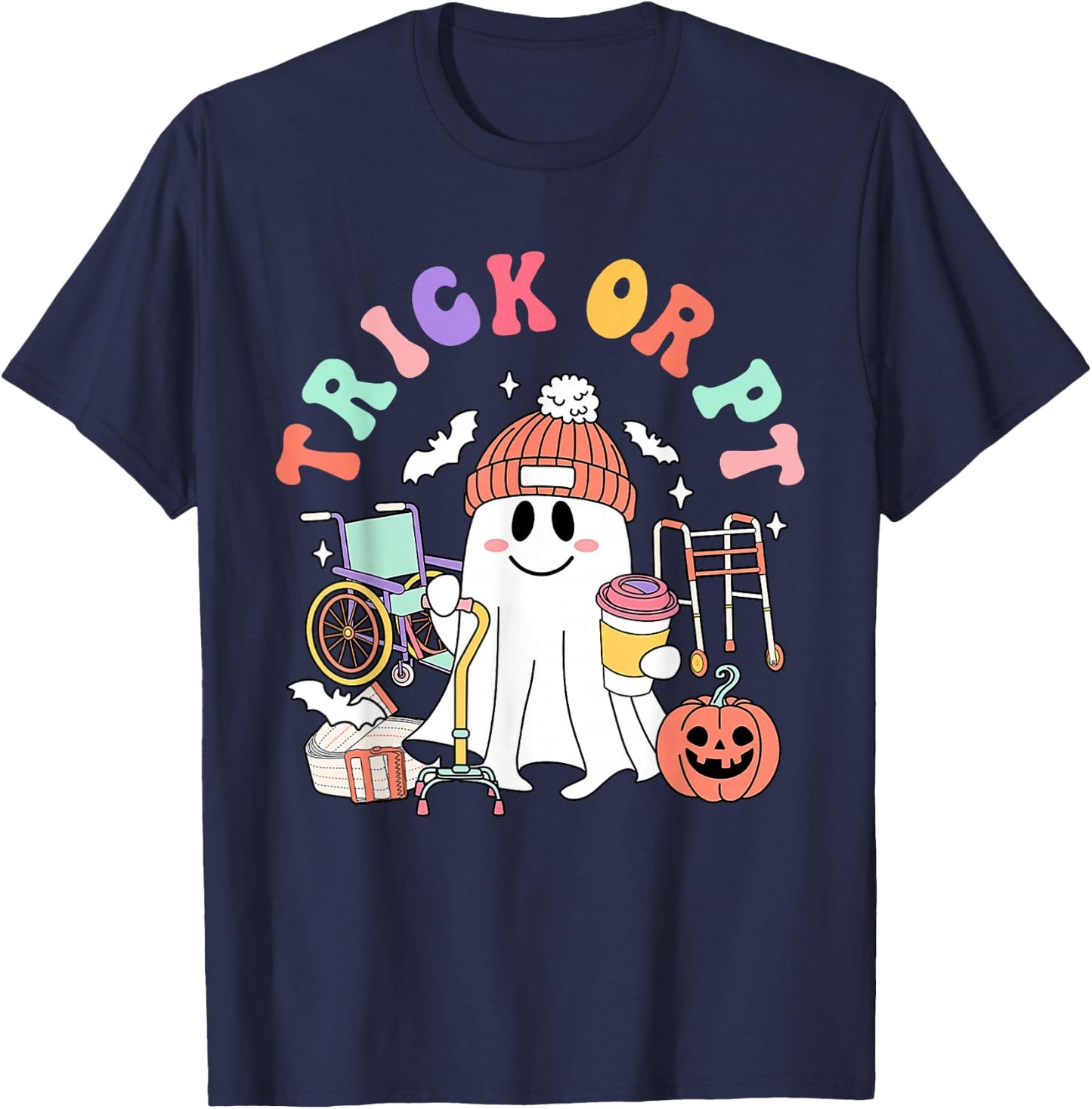 Retro Trick Or PT Physical Therapy Boo Ghost PT Halloween T-Shirt - T-Shirt | Navy