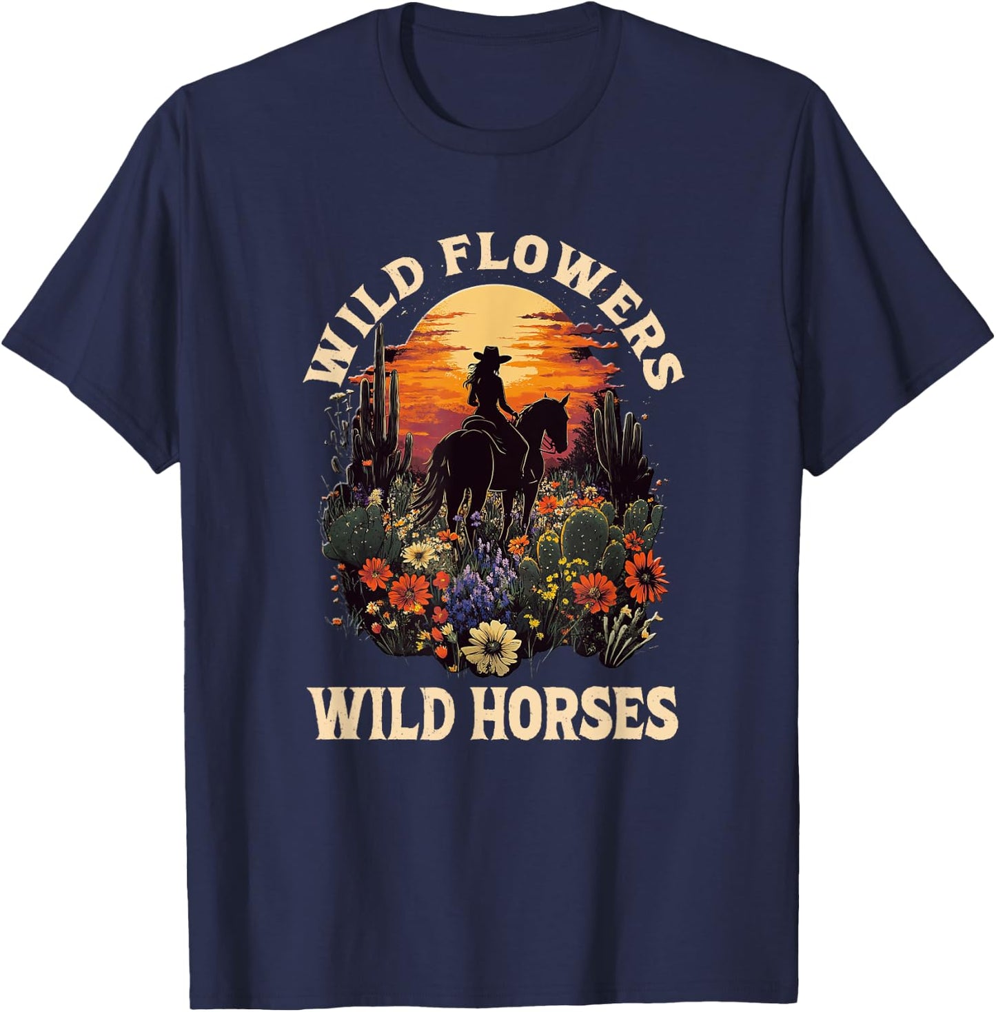 Western Sunset Cowgirl Riding Horse Wild Flowers Wild Horses T-Shirt - T-Shirt | Navy