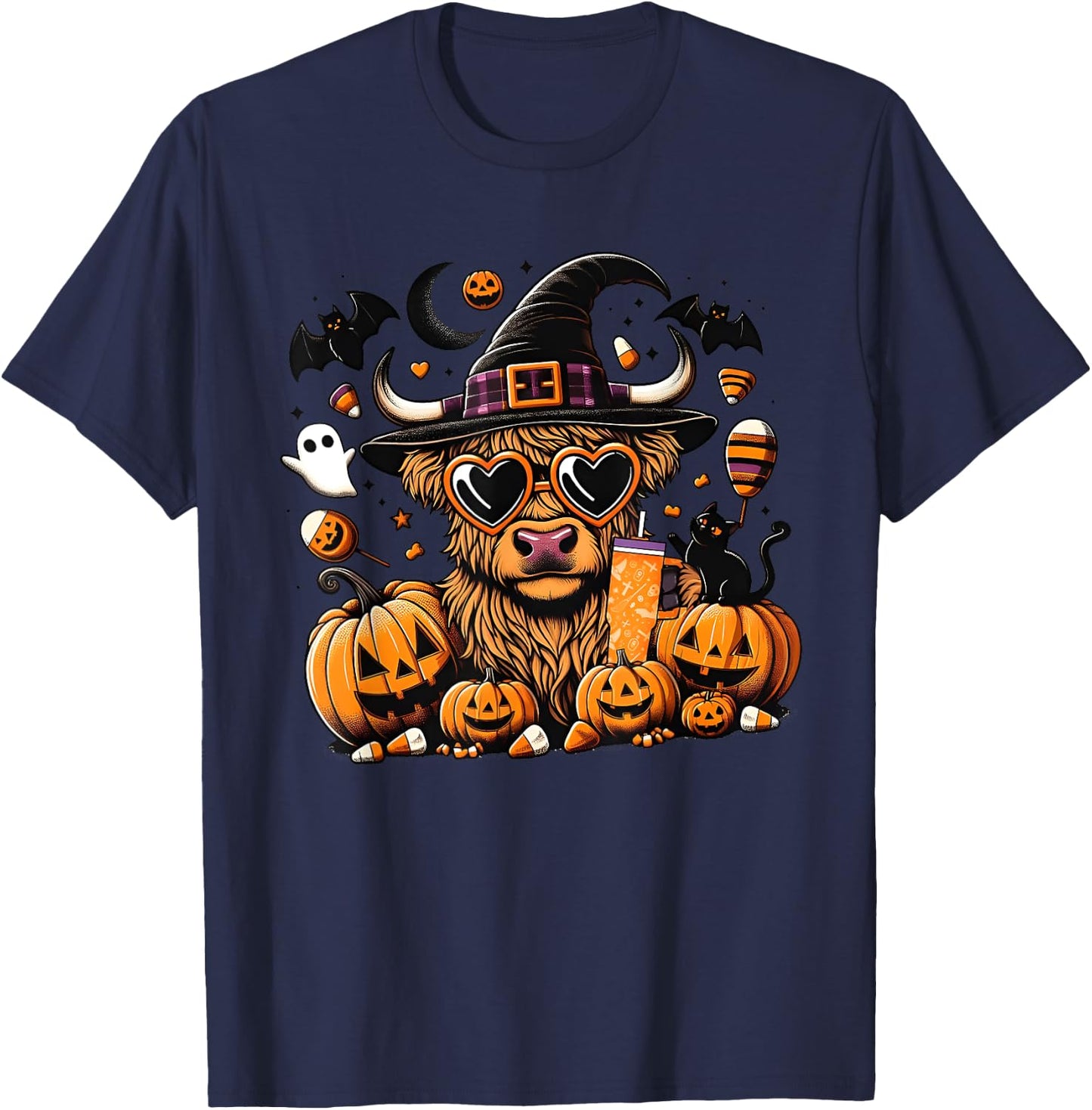 Halloween Highland Cow , Cute Witch Spooky Halloween Cow T-Shirt - T-Shirt | Navy
