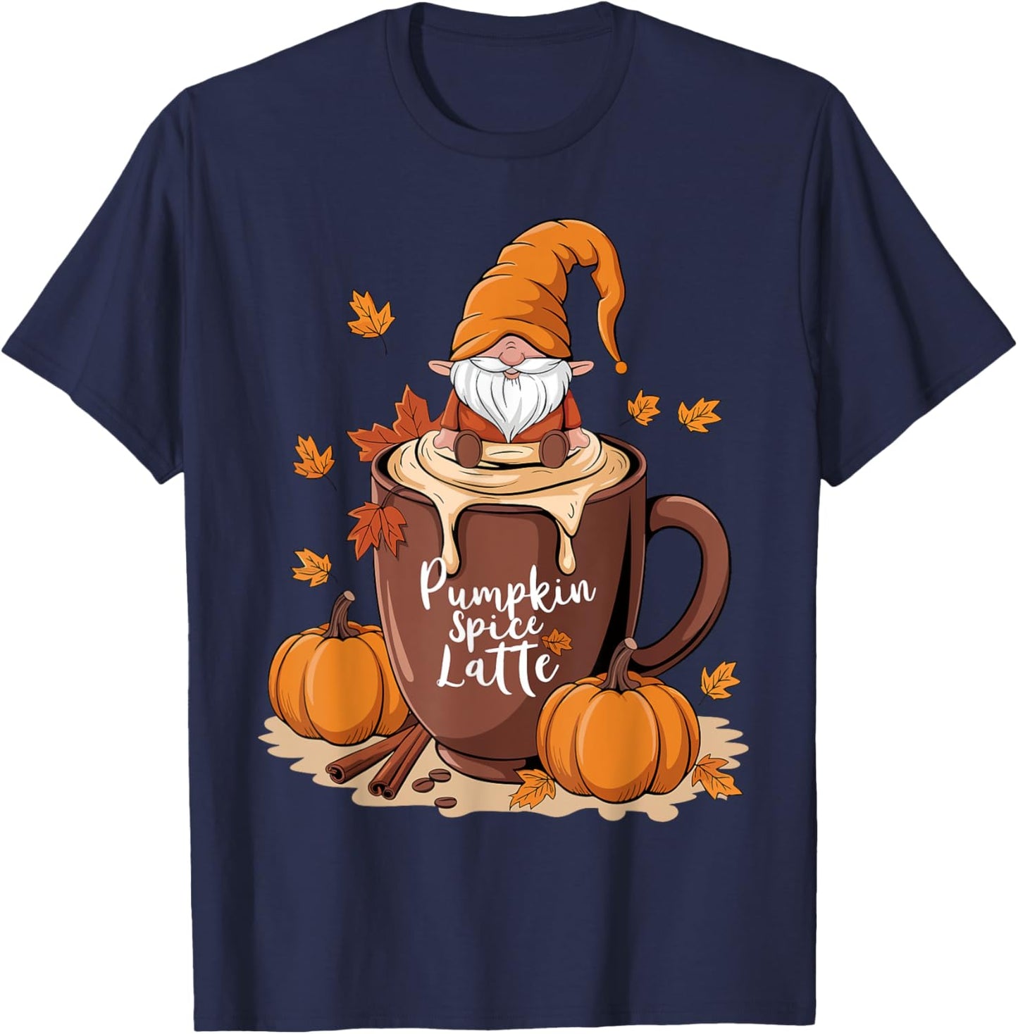 Cozy Fall Pumpkin Spice Latte Gnome Autumn Design T-Shirt - T-Shirt | Navy