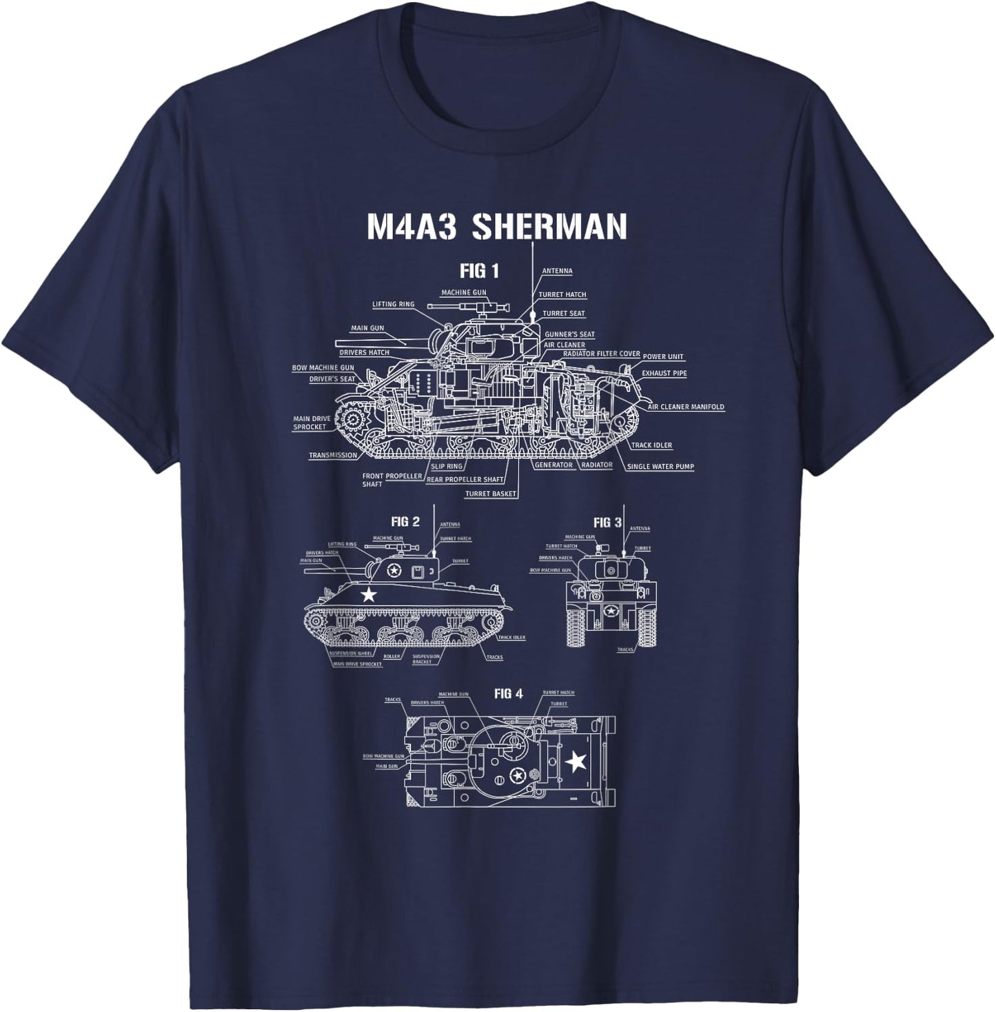 World War 2 American Tank M4A3 Sherman Blueprint T-Shirt - T-Shirt | Navy