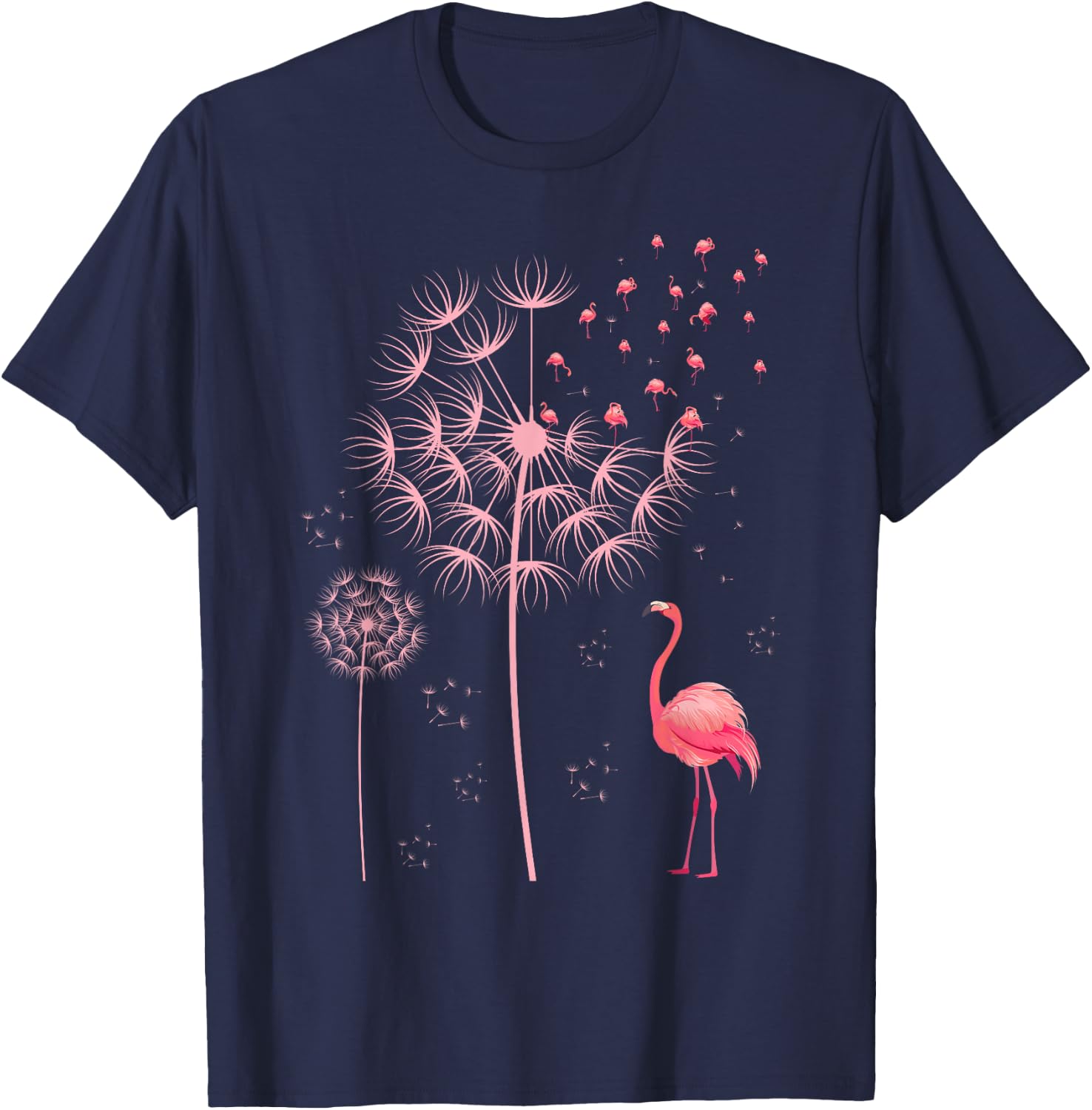 Flower Dandelion Exotic Animal Tropical Bird Pink Flamingo T-Shirt - T-Shirt | Navy