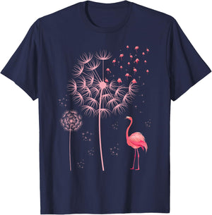Flower Dandelion Exotic Animal Tropical Bird Pink Flamingo T-Shirt - T-Shirt | Navy