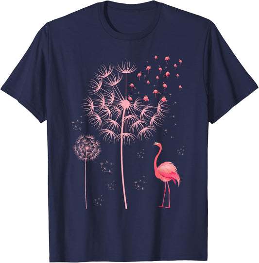 Flower Dandelion Exotic Animal Tropical Bird Pink Flamingo T-Shirt - T-Shirt | Navy