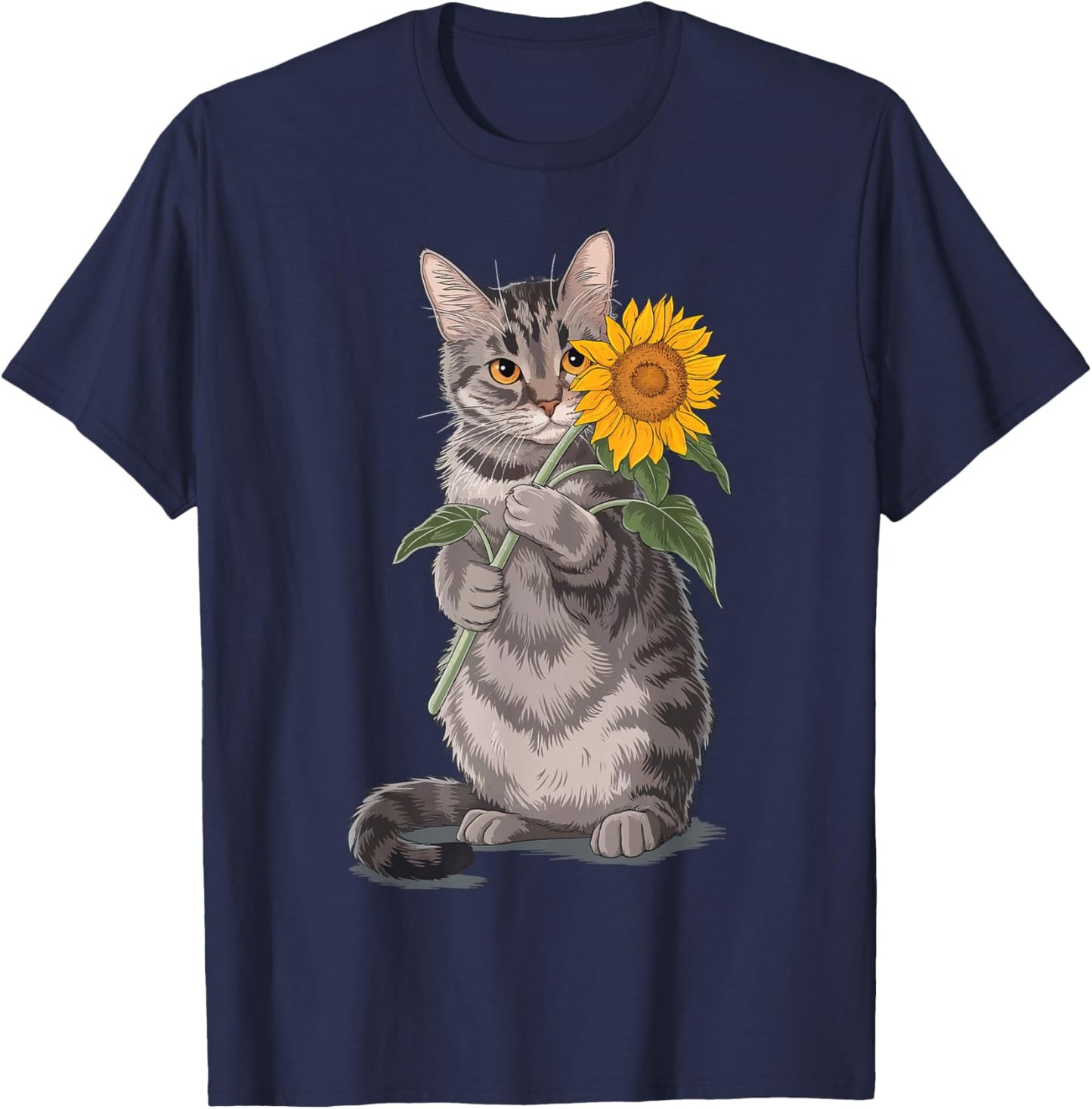 Cat Holding Sunflower T-Shirt - T-Shirt | Navy