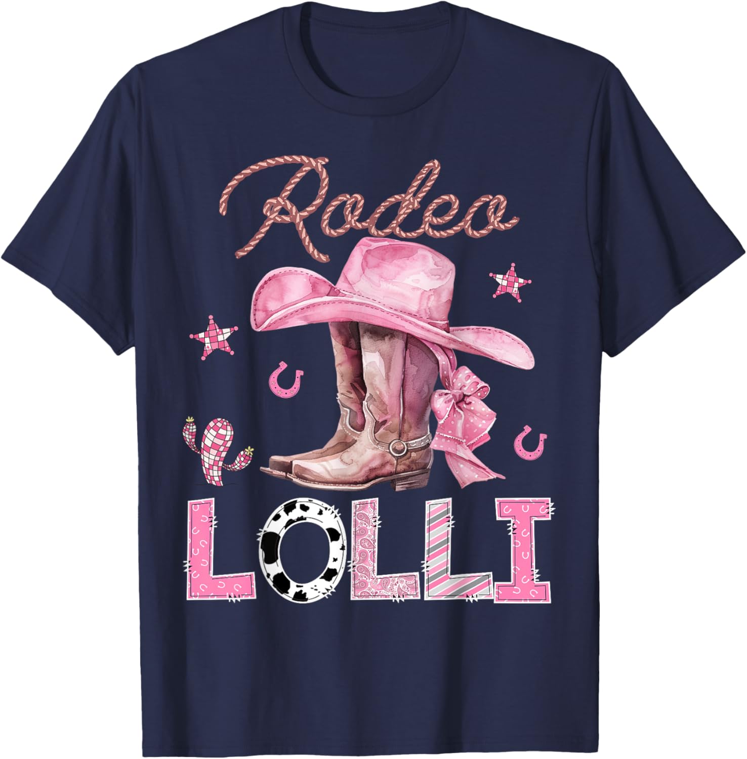 Rodeo Lolli Pink Boots Coquette CowGirl Birthday Party T-Shirt - T-Shirt | Navy