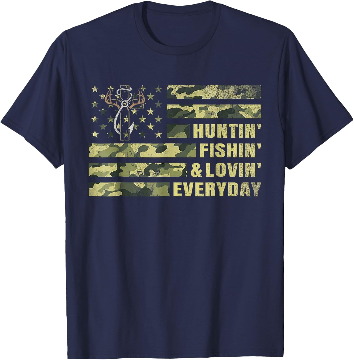 Hunting Fishing Loving Every Day Camo American Flag Patriot T-Shirt - T-Shirt | Navy
