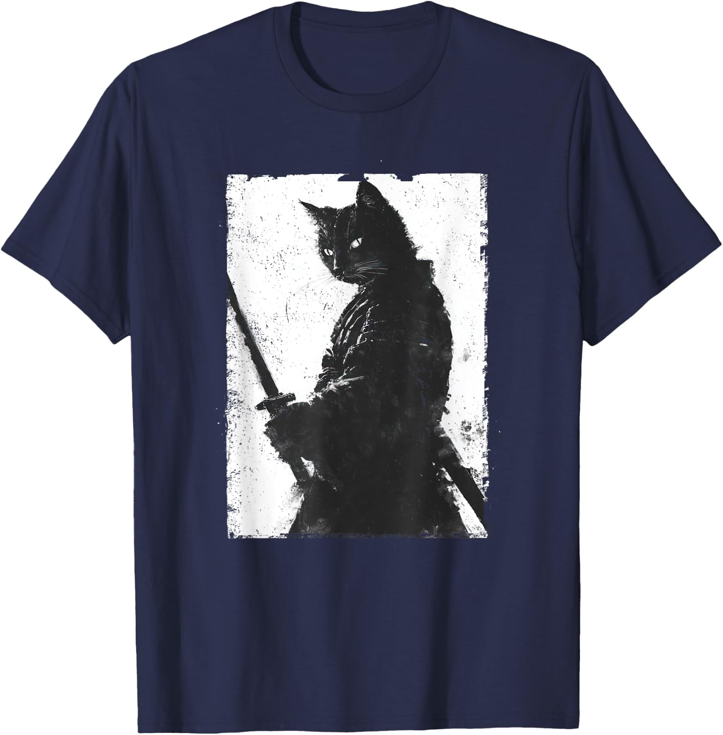 Vintage Samurai Cat Graphic Art Japanese Ukiyo-e Women Girls Kids T-Shirt - T-Shirt | Navy