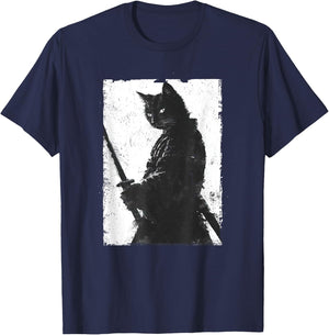 Vintage Samurai Cat Graphic Art Japanese Ukiyo-e Women Girls Kids T-Shirt - T-Shirt | Navy