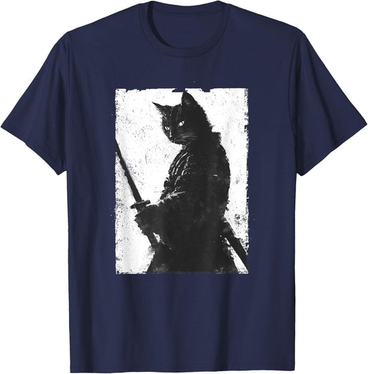 Vintage Samurai Cat Graphic Art Japanese Ukiyo-e Women Girls Kids T-Shirt - T-Shirt | Navy
