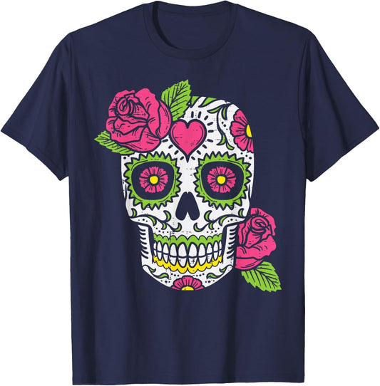 Pink Rose Sugar Skull Dia De Los Muertos Mexican Halloween T-Shirt - T-Shirt | Navy