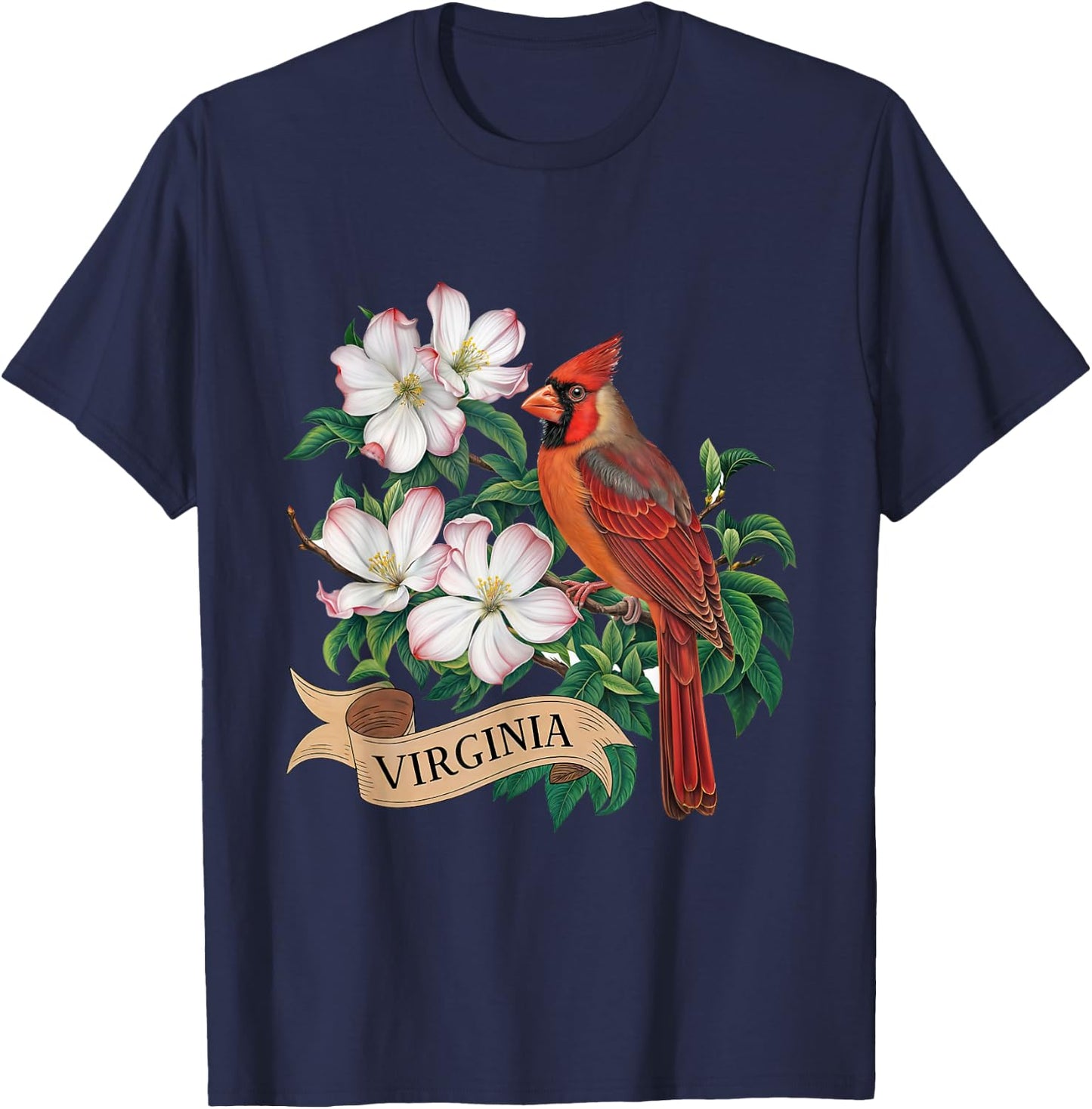 Virginia Cardinal Bird and Flowering Dogwood Flower T-Shirt - T-Shirt | Navy