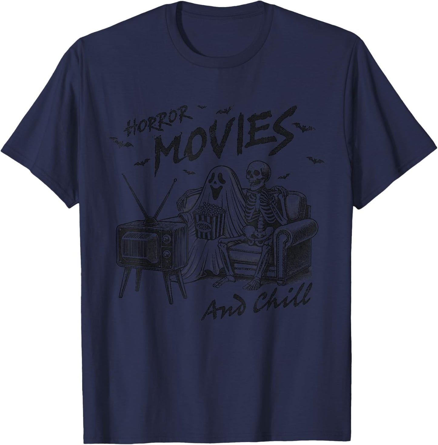Horror Movies And Chill Halloween Themed Graphic For Couple T-Shirt - T-Shirt | Navy