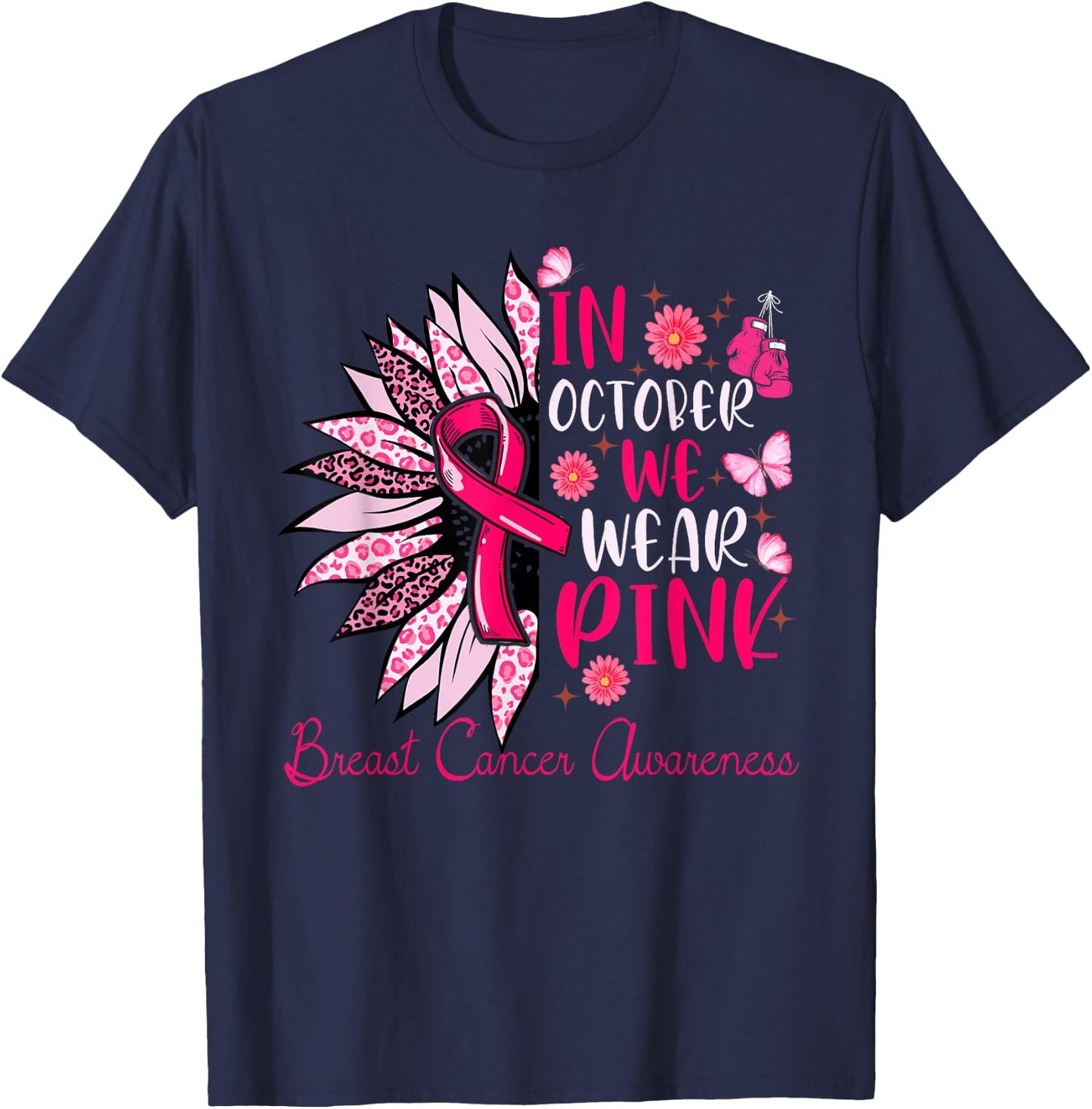 Sunflower Pink Breast Cancer Awareness Women Girls Warrior T-Shirt - T-Shirt | Navy