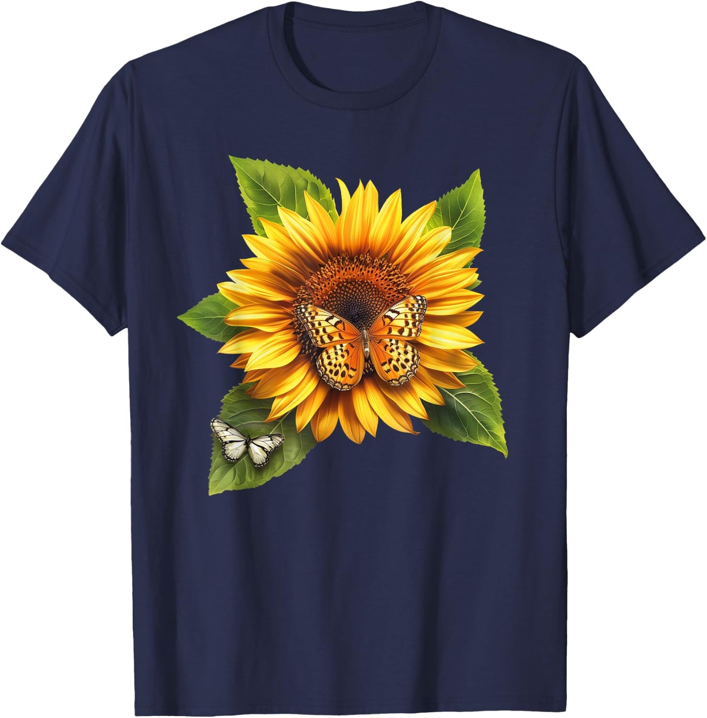 Butterfly Sunflower Floral Flower T-Shirt - T-Shirt | Navy