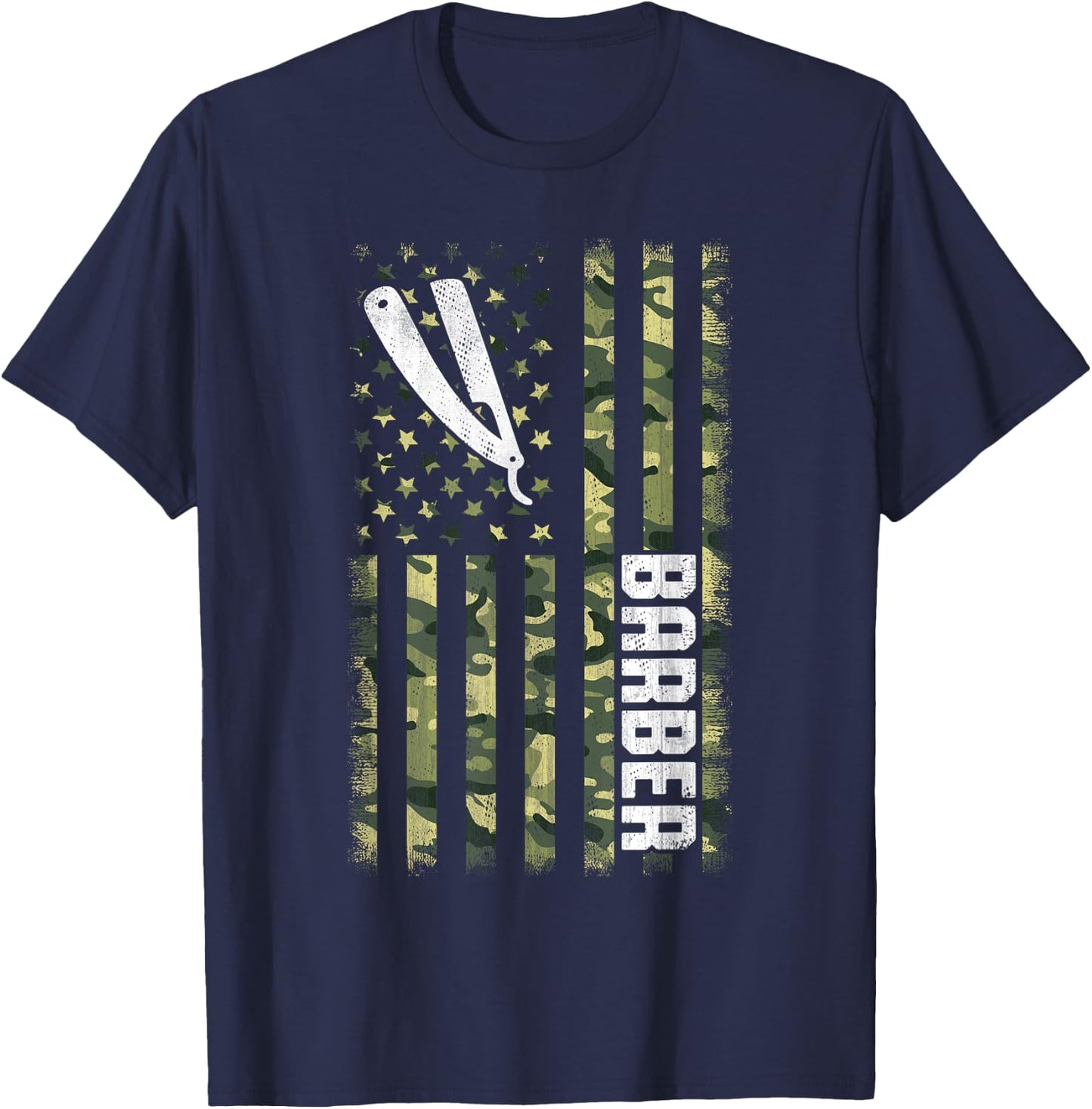 Camo American Flag USA Camouflage Patriotic Barber Women Men T-Shirt - T-Shirt | Navy