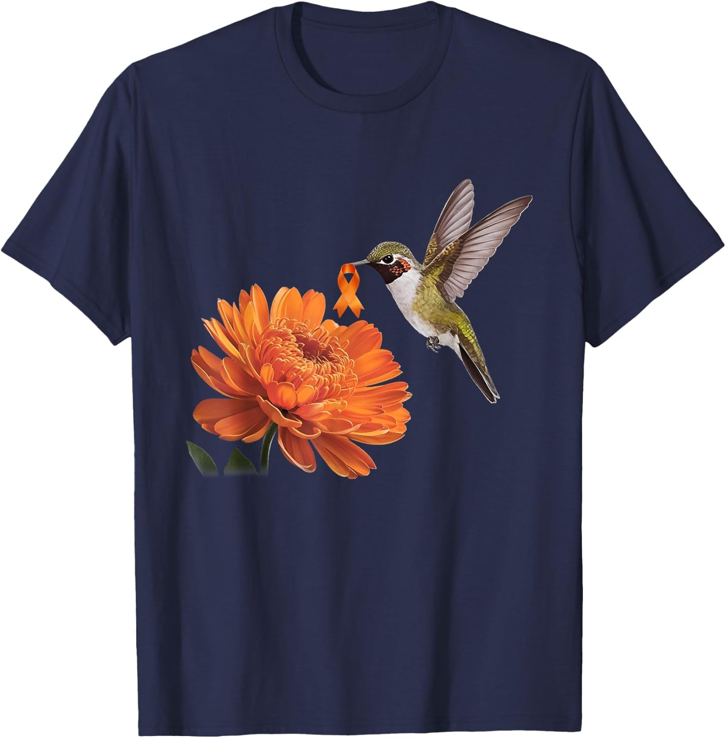 Hummingbird Sunflower Daisy Orange Ribbon Leukemia Awareness T-Shirt - T-Shirt | Navy