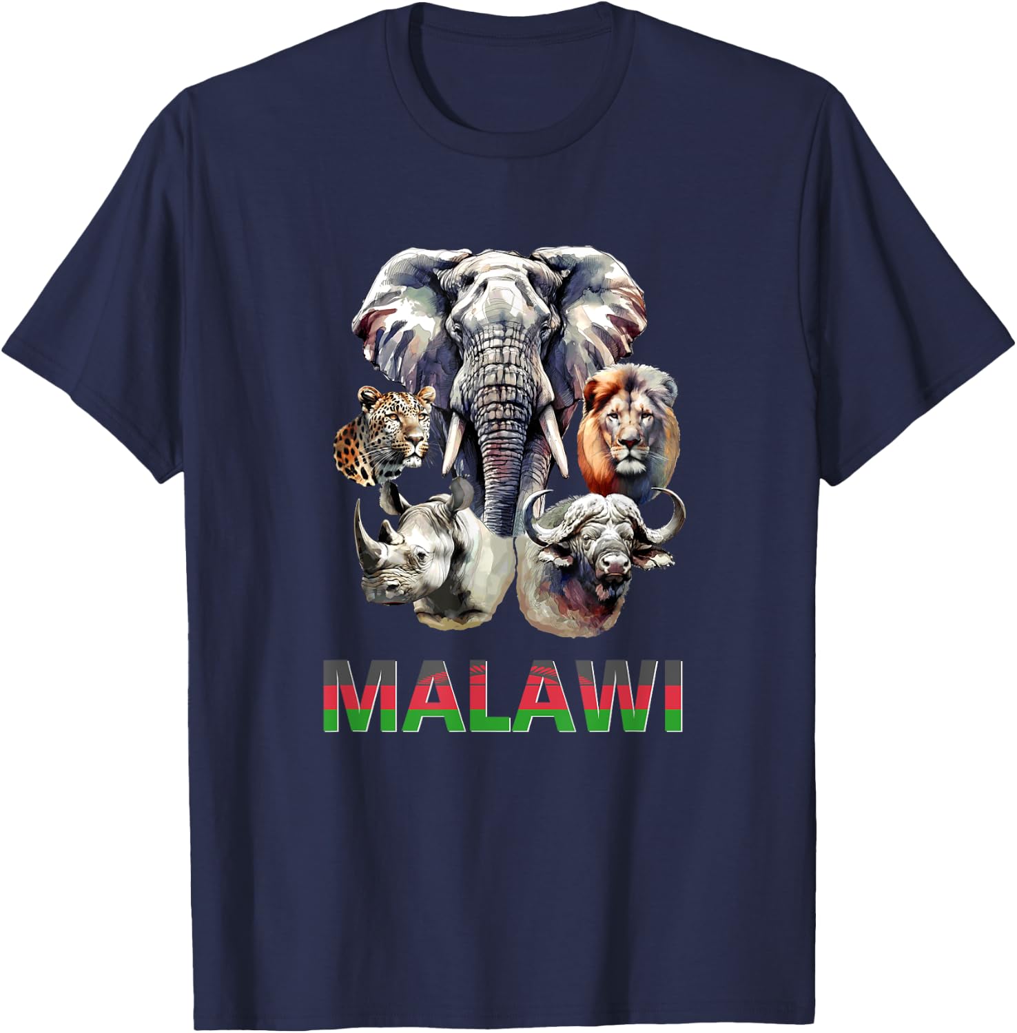 Malawi Big Five Wildlife in Watercolor for Malawi Fans T-Shirt - T-Shirt | Navy