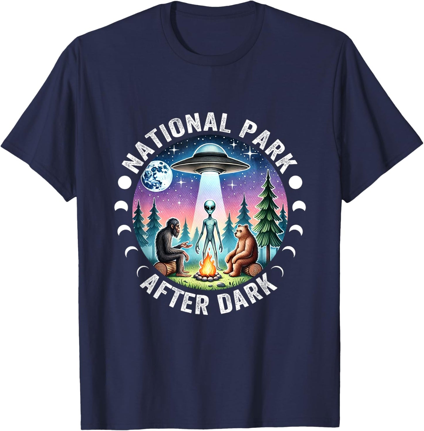 Vintage Retro Funny National Park After the Dark Big foot Alien Campfire , Small, Black T-Shirt - T-Shirt | Navy