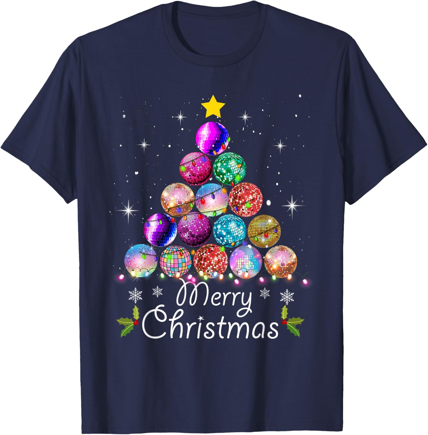 Merry Christmas Disco Ball Tree Lights Xmas - Disco Music T-Shirt - T-Shirt | Navy