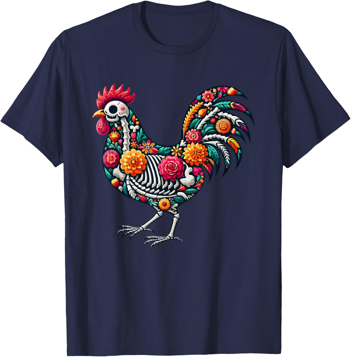Floral Skeleton Chicken Mexican Dia De Los Muertos Halloween T-Shirt - T-Shirt | Navy