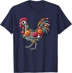 Floral Skeleton Chicken Mexican Dia De Los Muertos Halloween T-Shirt - T-Shirt | Navy