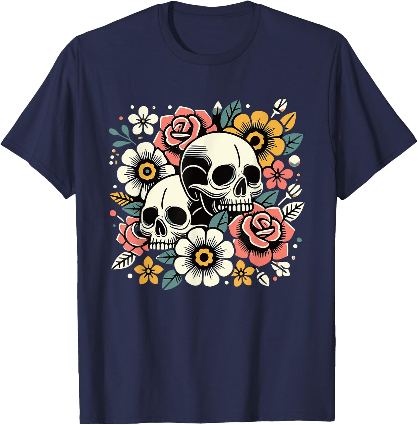 Boho Wildflowers Floral Nature Flower Skull Graphics T-Shirt - T-Shirt | Navy