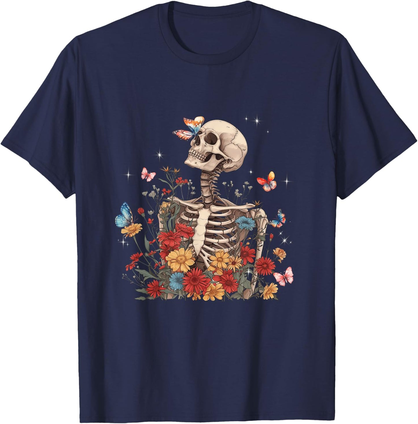 Skeleton Flowers Butterfly Floral Halloween Men Women T-Shirt - T-Shirt | Navy