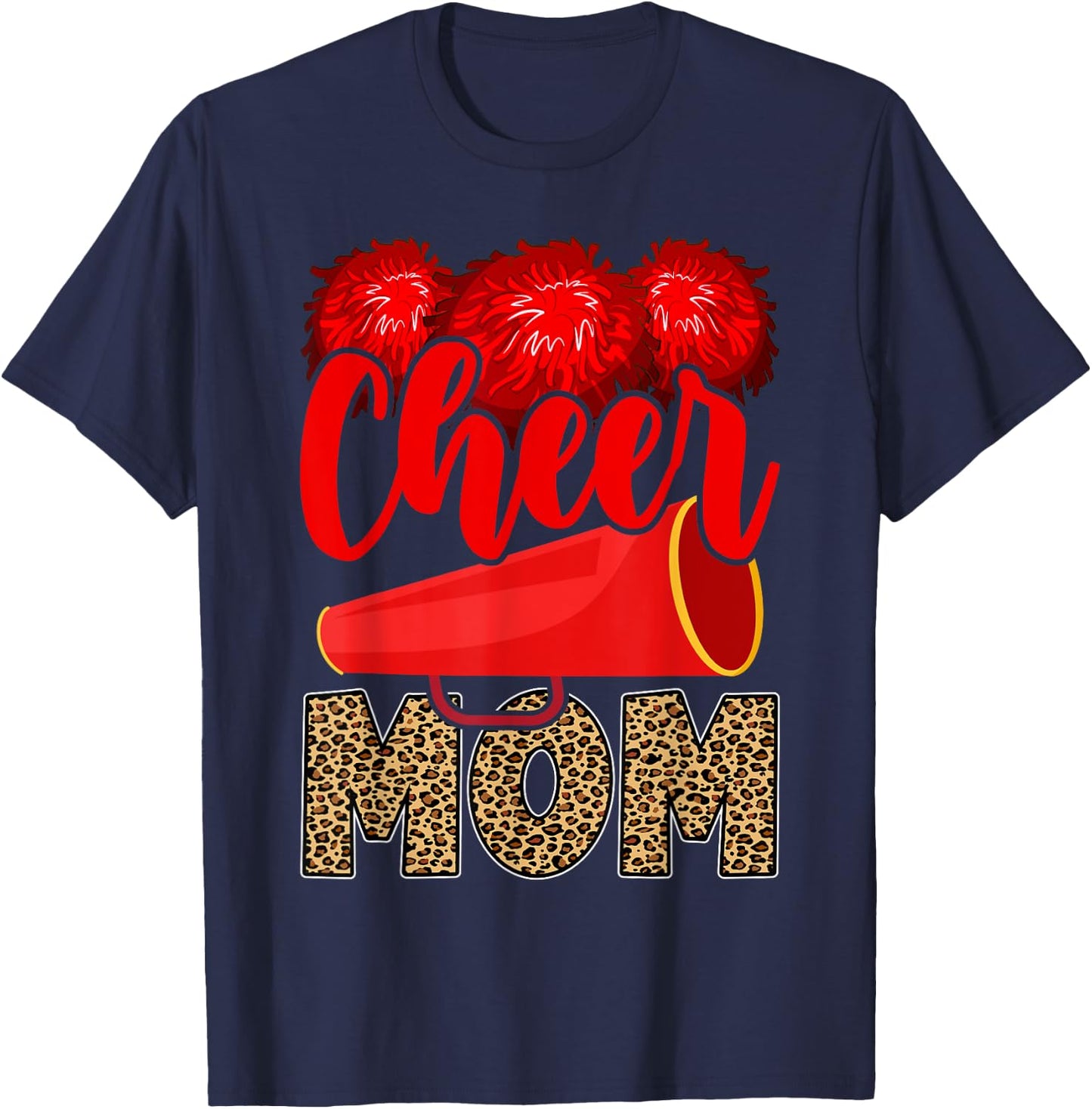 Cheer Mom Biggest Fan Leopard Print Black And Red Pom Pom T-Shirt - T-Shirt | Navy
