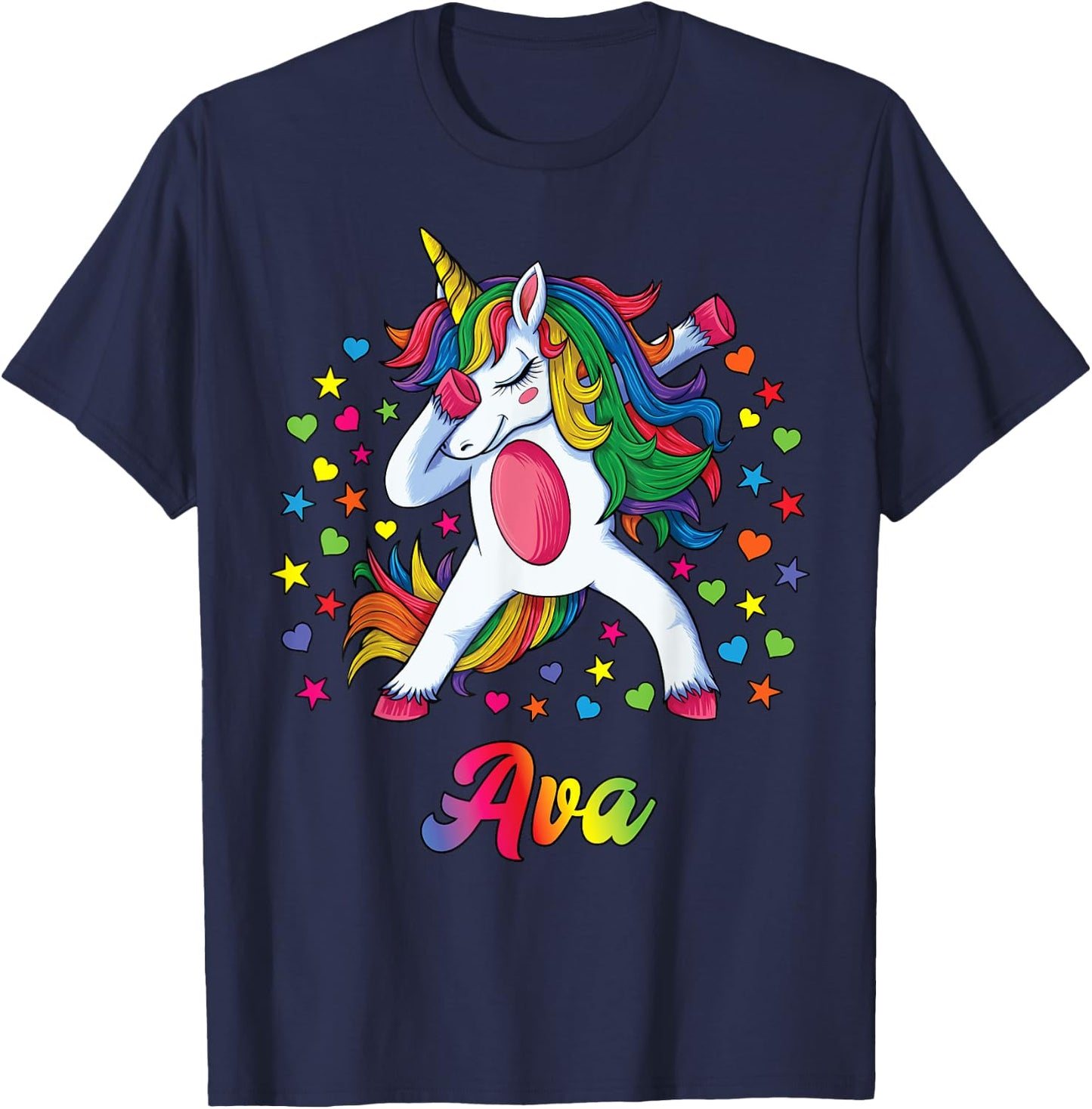 Ava Dabbing Unicorn Rainbow Personalized Name Custom T-Shirt - T-Shirt | Navy