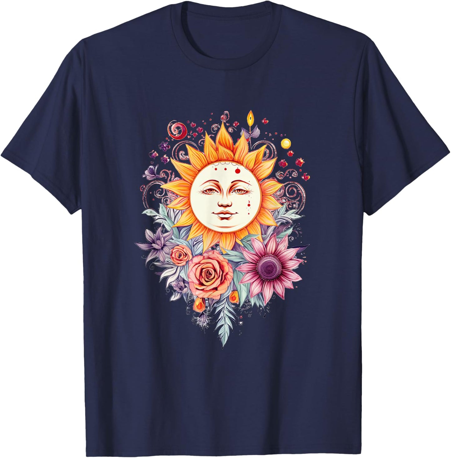 Mystic Sun and Moon Woman Mystical Flowers Aesthetic T-Shirt - T-Shirt | Navy