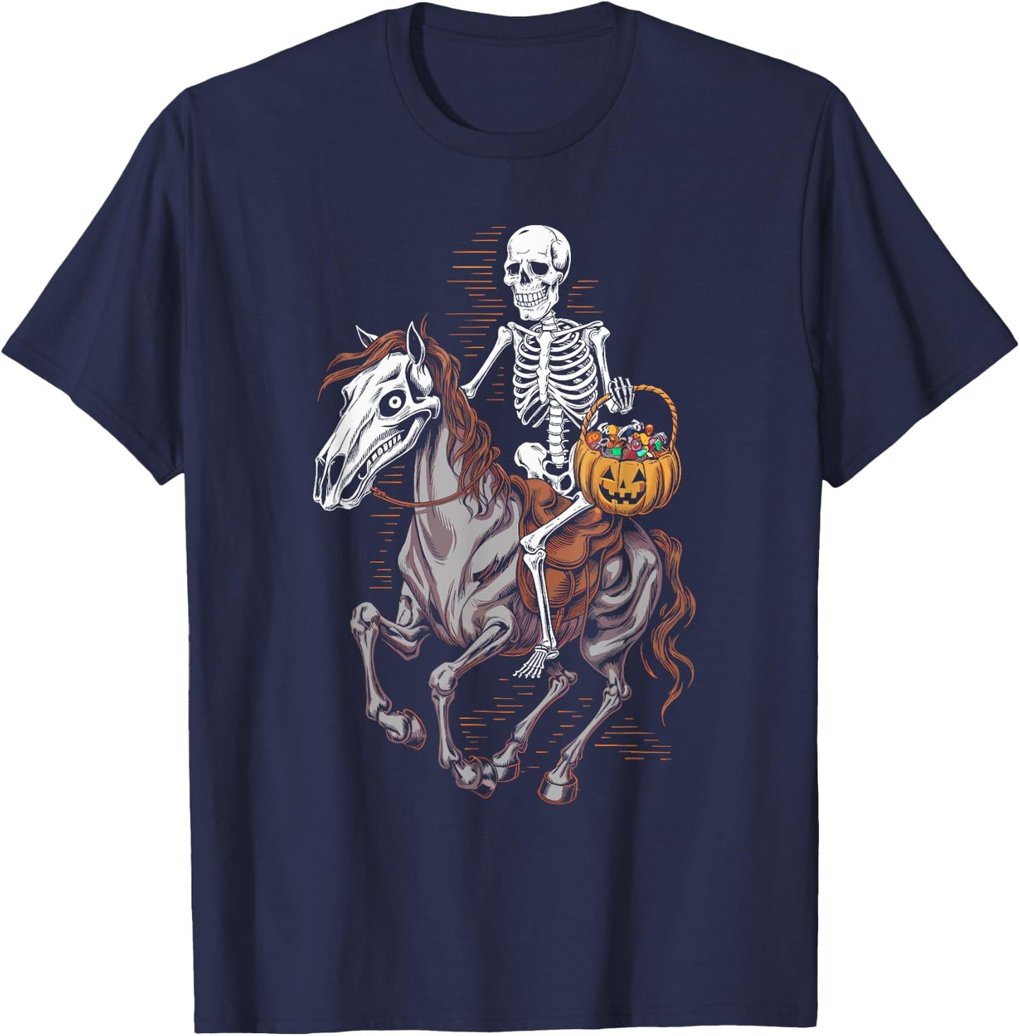 Skeleton Riding Mummy Horse Halloween Candy Fun T-Shirt - T-Shirt | Navy