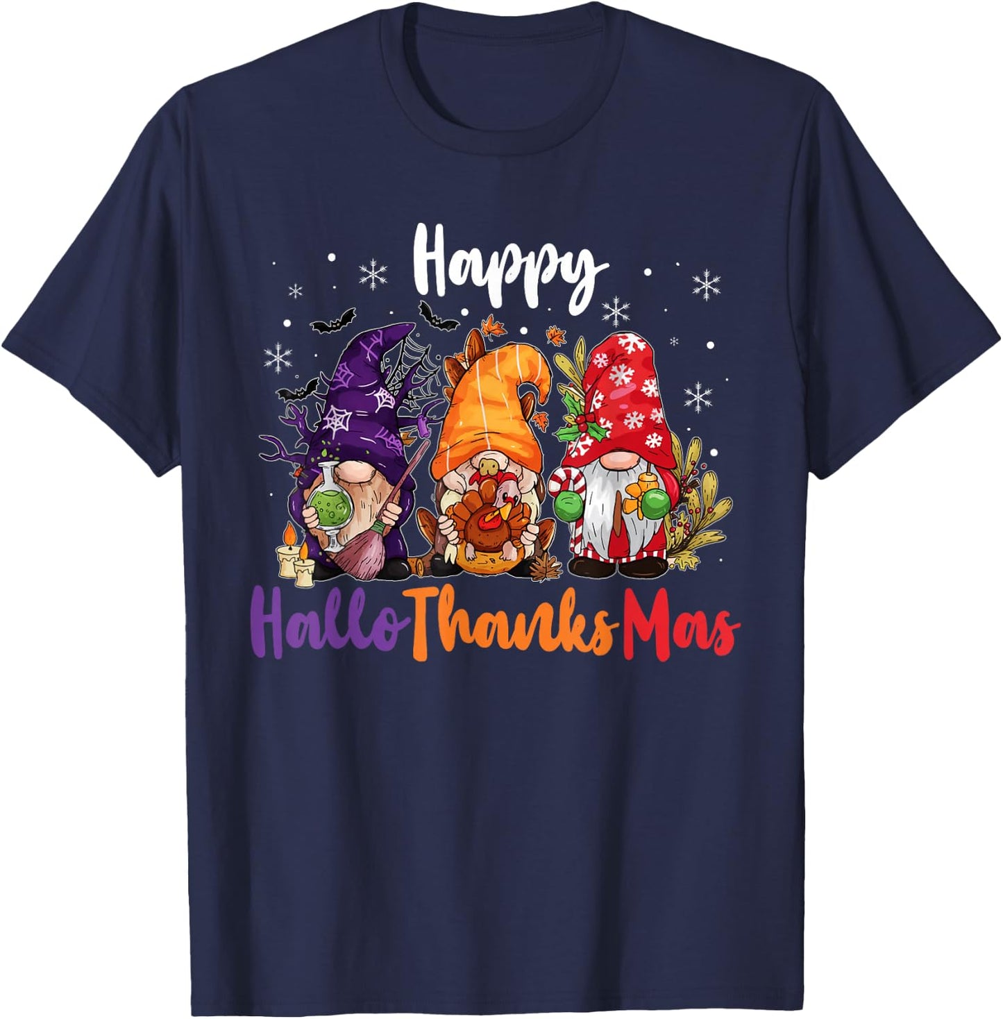 Happy Hallothanksmas Gnomes Lover Halloween Merry Christmas T-Shirt - T-Shirt | Navy