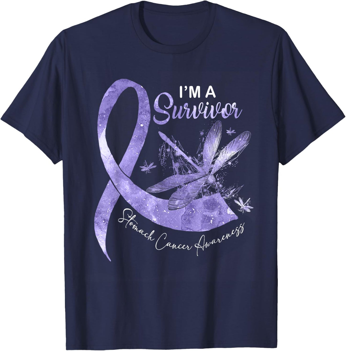 I'm A Survivor Stomach Cancer Dragonfly Periwinkle Ribbon T-Shirt - T-Shirt | Navy