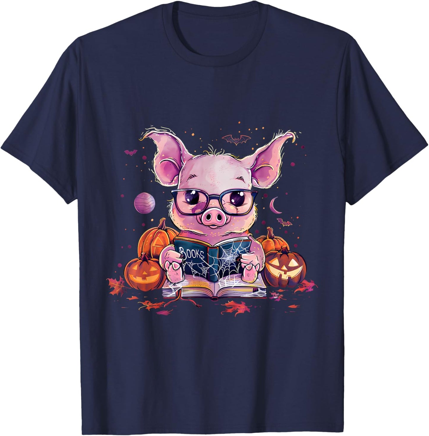 Pig Halloween Costume Pumpkin Witchcraft Book Reading T-Shirt - T-Shirt | Navy