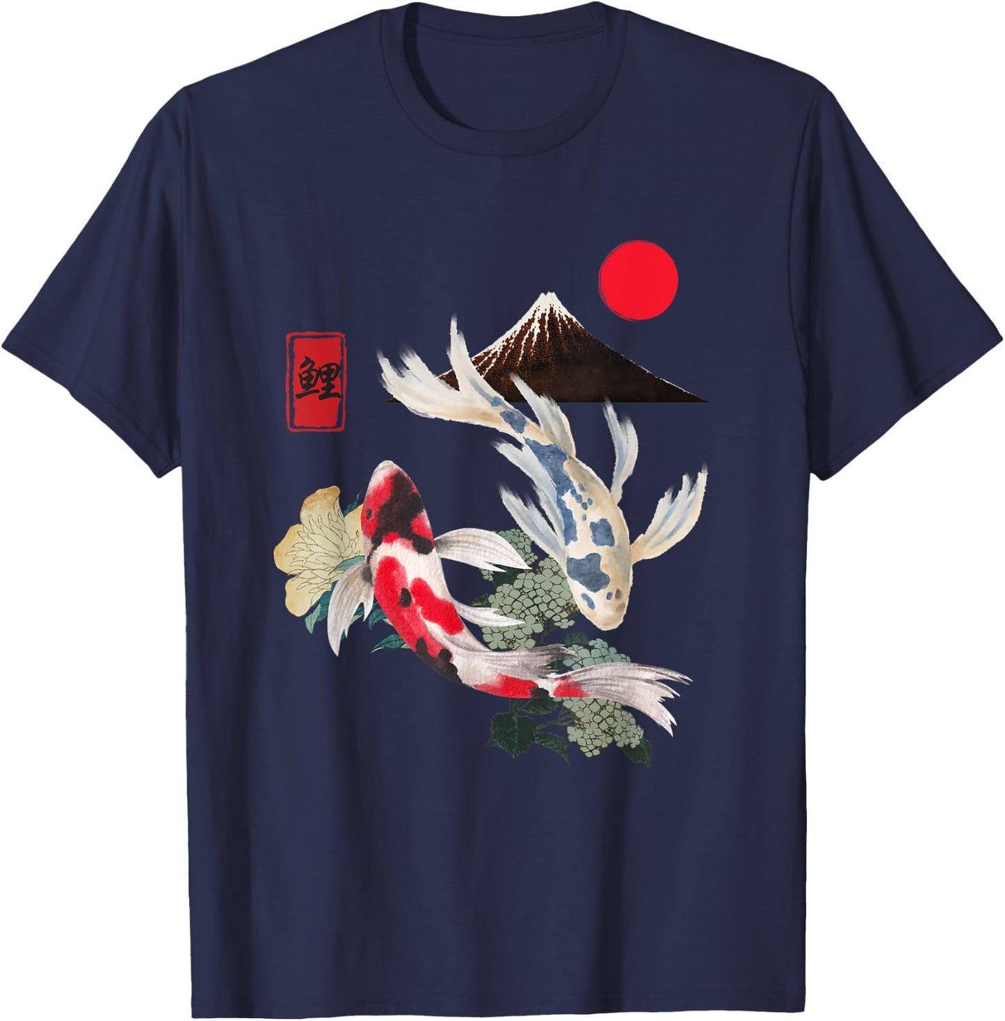 Koi Fish and Cherry Blossom Japanese Art Aesthetic Design T-Shirt - T-Shirt | Navy