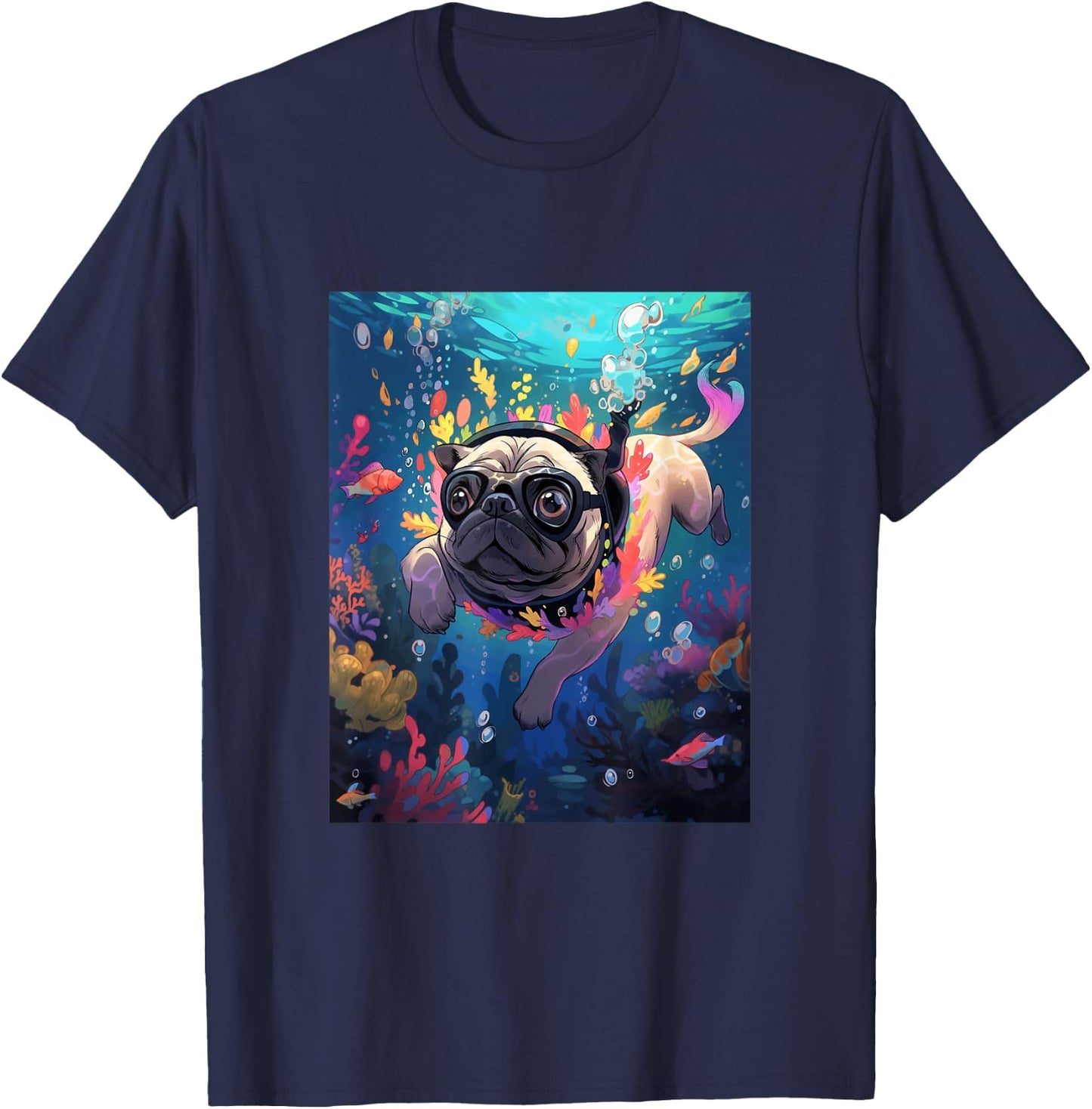 Pug Diving Dog Swimming Underwater T-Shirt - T-Shirt | Navy