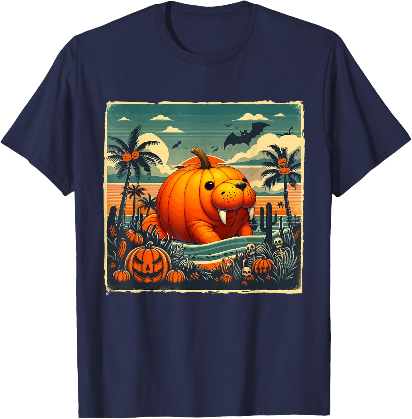 Horror Carved Pumpkin As Manatee Halloween Costume Beach T-Shirt - T-Shirt | Navy