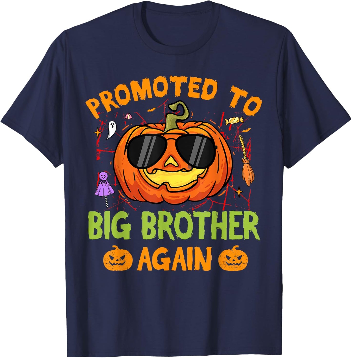 Promoted To Big Brother Again Halloween Pumpkin Family T-Shirt - T-Shirt | Navy