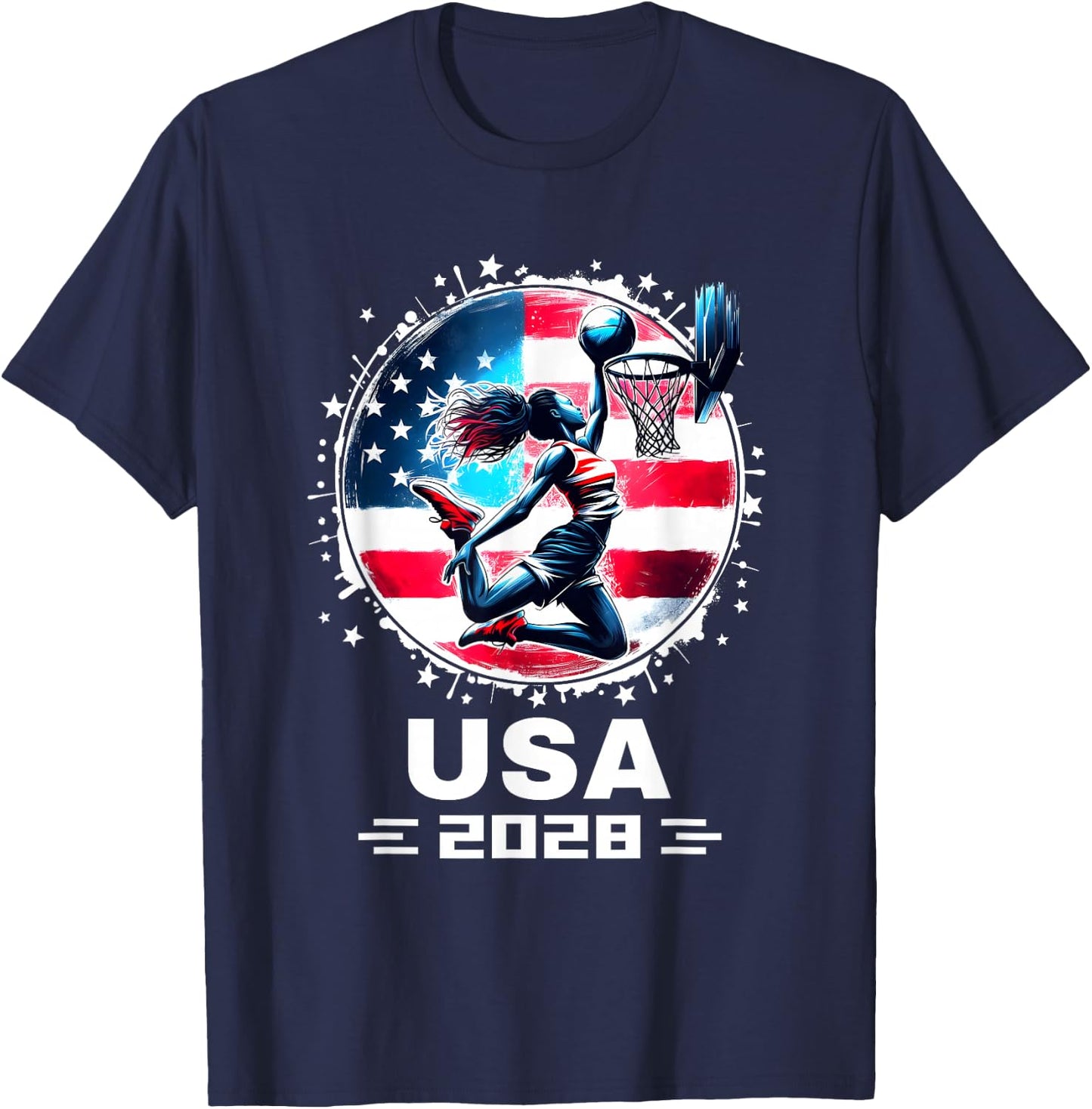 USA Team 2028 United States American Flag Women Basketball T-Shirt - T-Shirt | Navy
