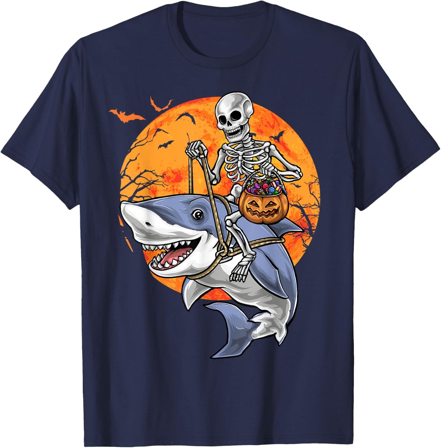 Halloween Skeleton Shark Kids Boys Girls T-Shirt - T-Shirt | Navy