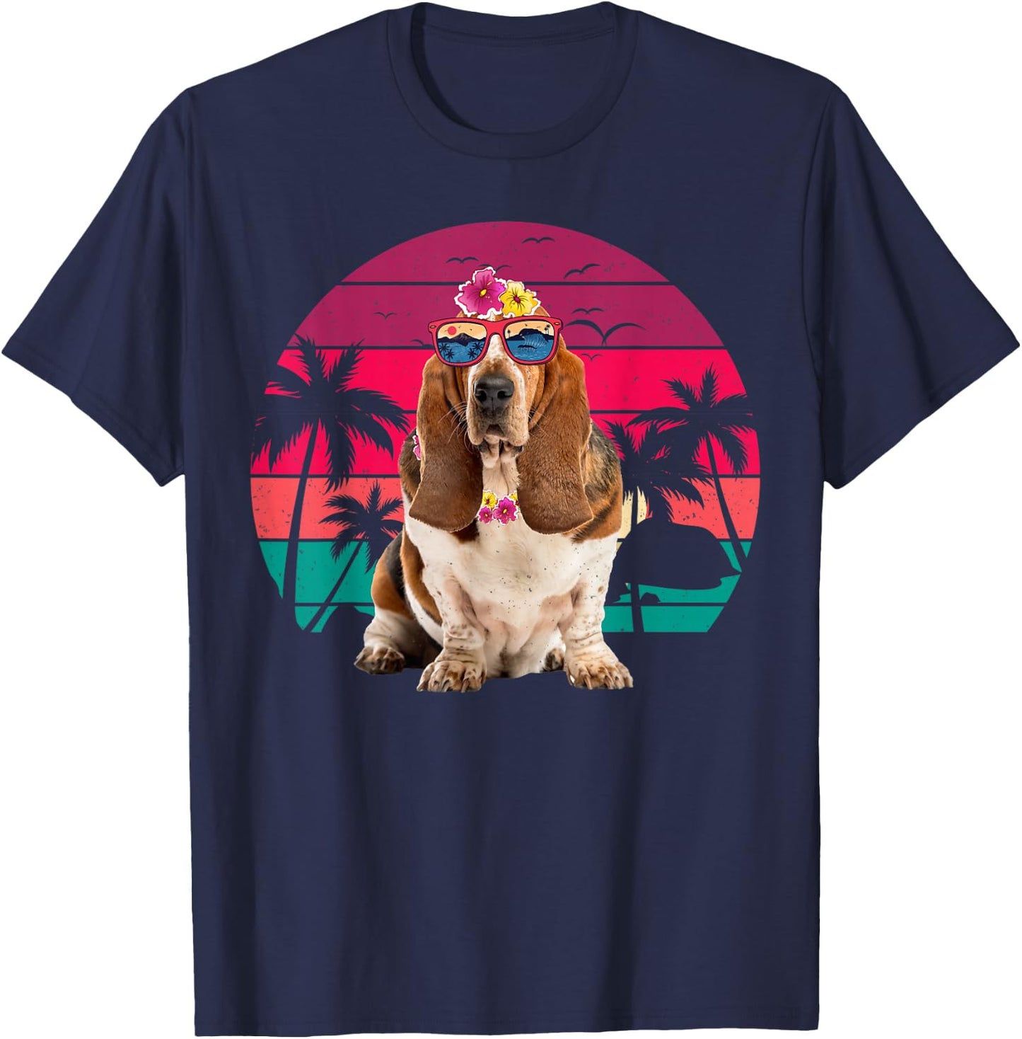 Retro Hawaiian Basset Hound Dog Tropical Floral Summer Vibes Women Kids T-Shirt - T-Shirt | Navy