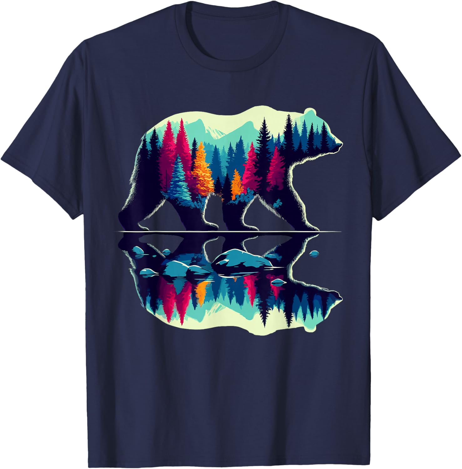 Trees Reflection Wildlife Nature Bear Outdoor Forest T-Shirt - T-Shirt | Navy