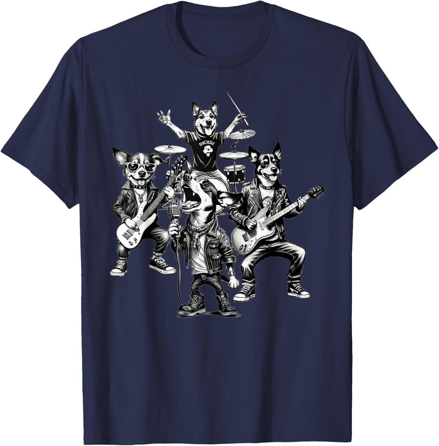 Dogs Rock Band Dogs Playing Guitar Bass Drums Singer Dog Women T-Shirt - T-Shirt | Navy