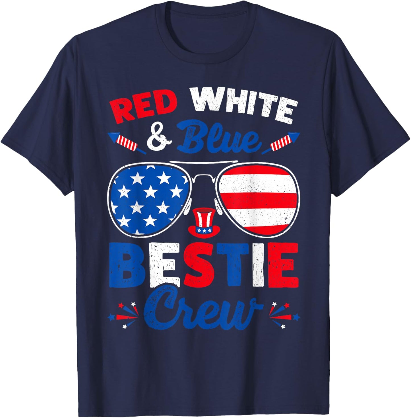 Retro 4th Of July Red White & Blue Bestie Crew American Flag Women Men T-Shirt - T-Shirt | Navy
